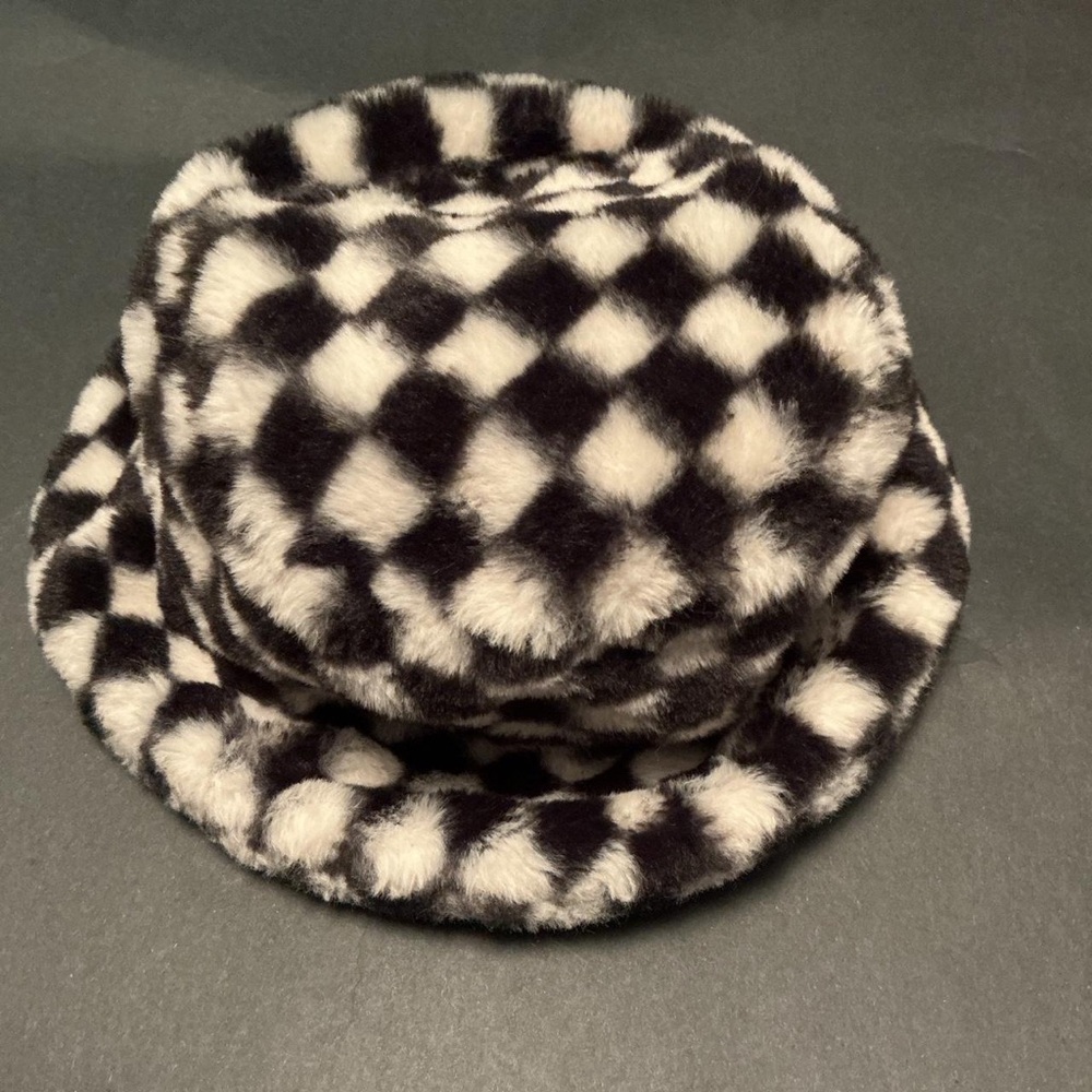 Checkered Faux Fur Bucket Hat